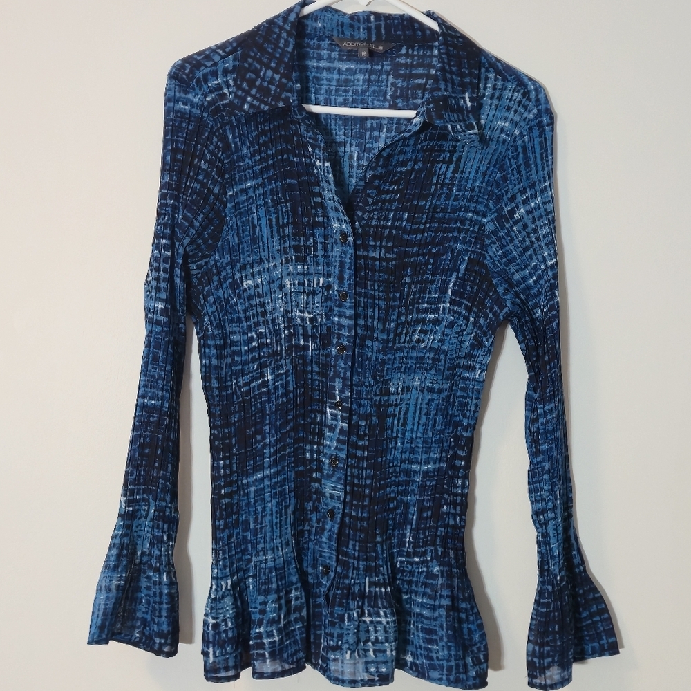 Addition Elle Sz 16 Abstract Button-Up Blouse Pleated Flared Sleeves Royal Blue - Picture 2 of 16